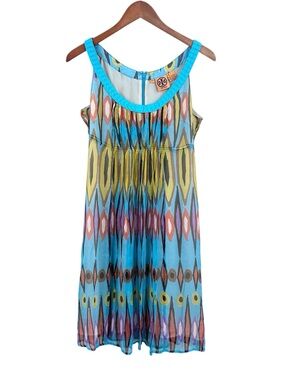 TORY BURCH Silk Dress Colorful Ikat Peacock Pleated Sleeveless Midi